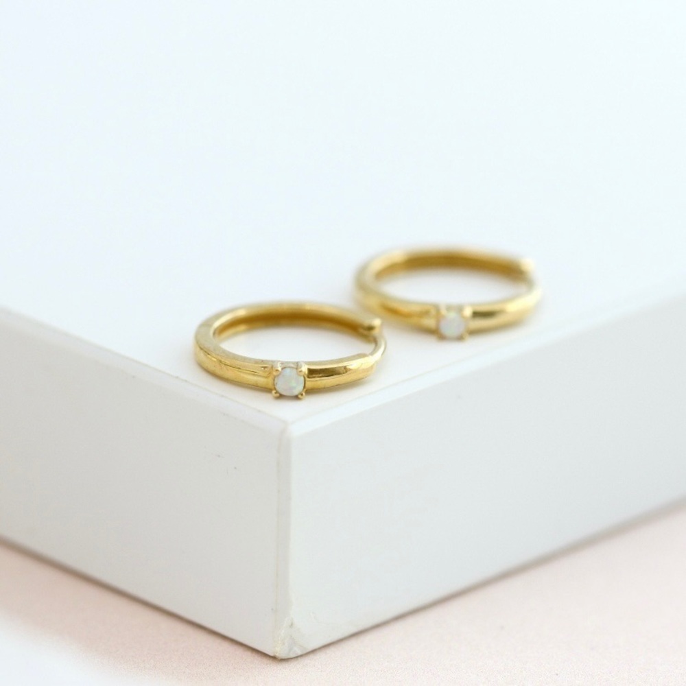 14K Yellow Gold White Opal Huggie Hoop Earrings, NWT